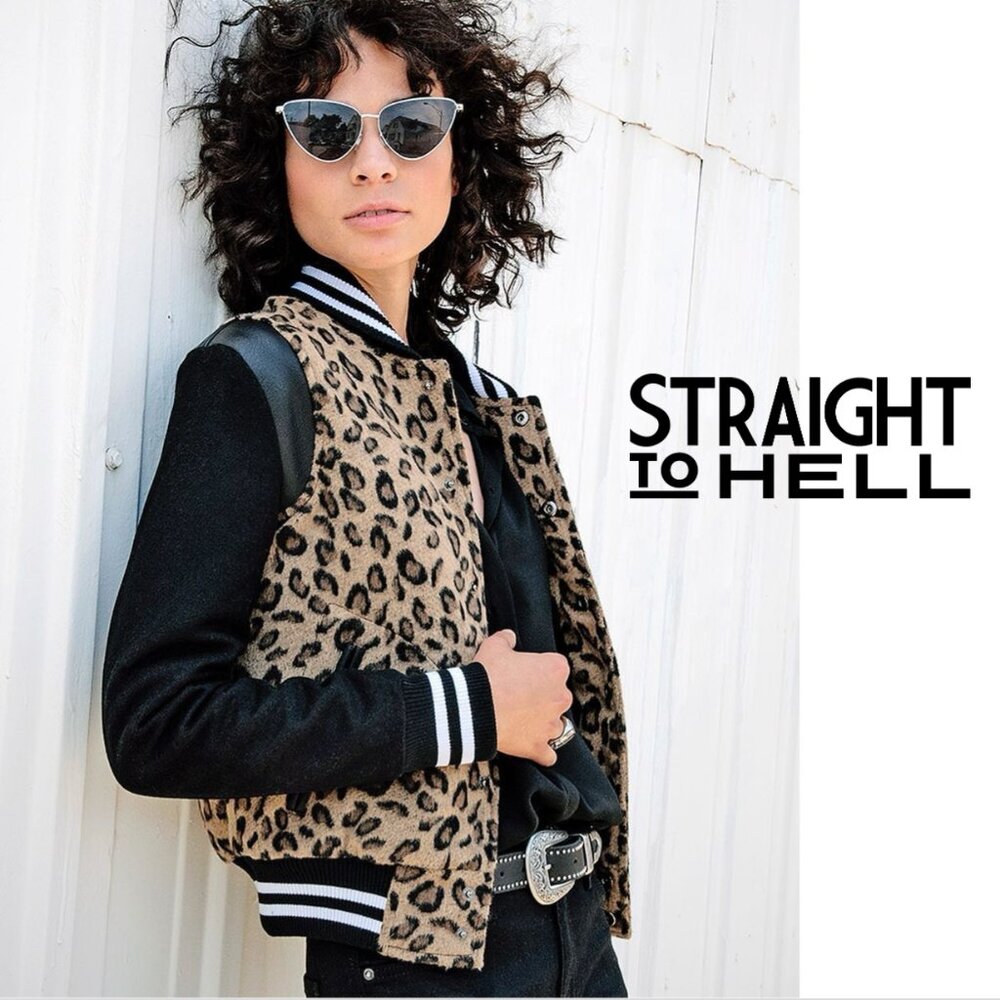 STRAIGHT TO HELL Ace Leopard Varsity Bomber Jacket